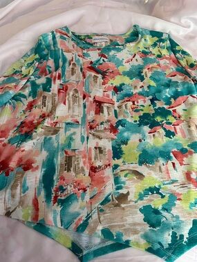 Alfred Dunner Teal, Coral, Cream & Brown Watercolor-Print Long Sleeve Top